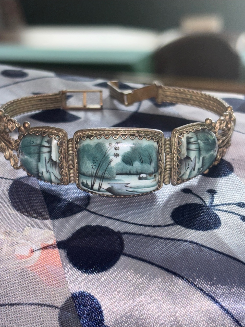 Antique silver porcelain nature scene bracelet